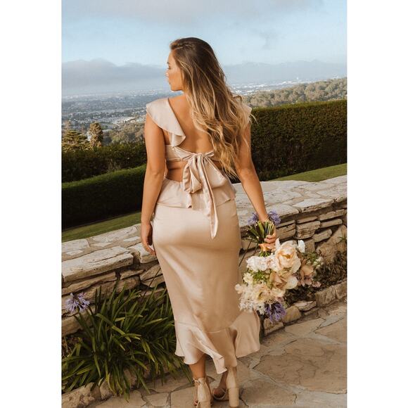 Show Me Your Mumu Zoey Midi Dress in Champagne Luxe Satin M - Picture 2 of 10